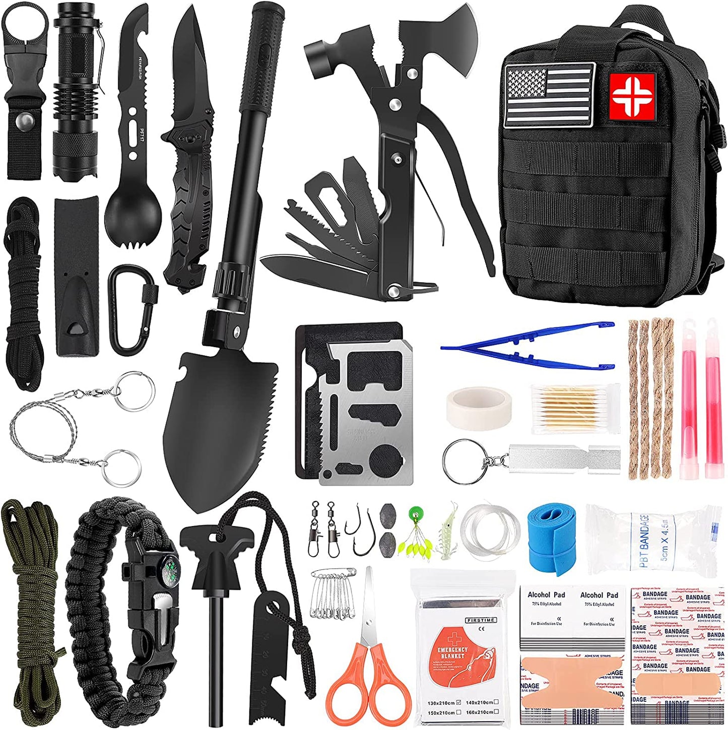 Professional 142-Piece Survival and First Aid Kit with Molle Pouch for Outdoor Camping Adventure