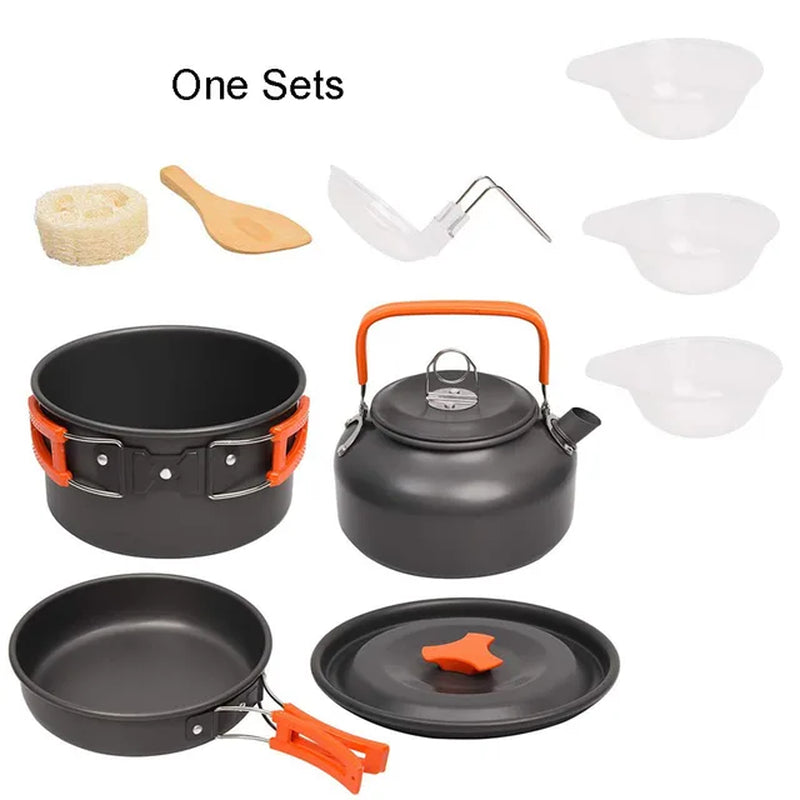 Outdoor Camping Cookware Set with Aluminum Cooking Utensils and Water Kettle - Ideal for Travelling, Hiking, Picnics, BBQs, and Outdoor Dining - Peak Performance Outfitters