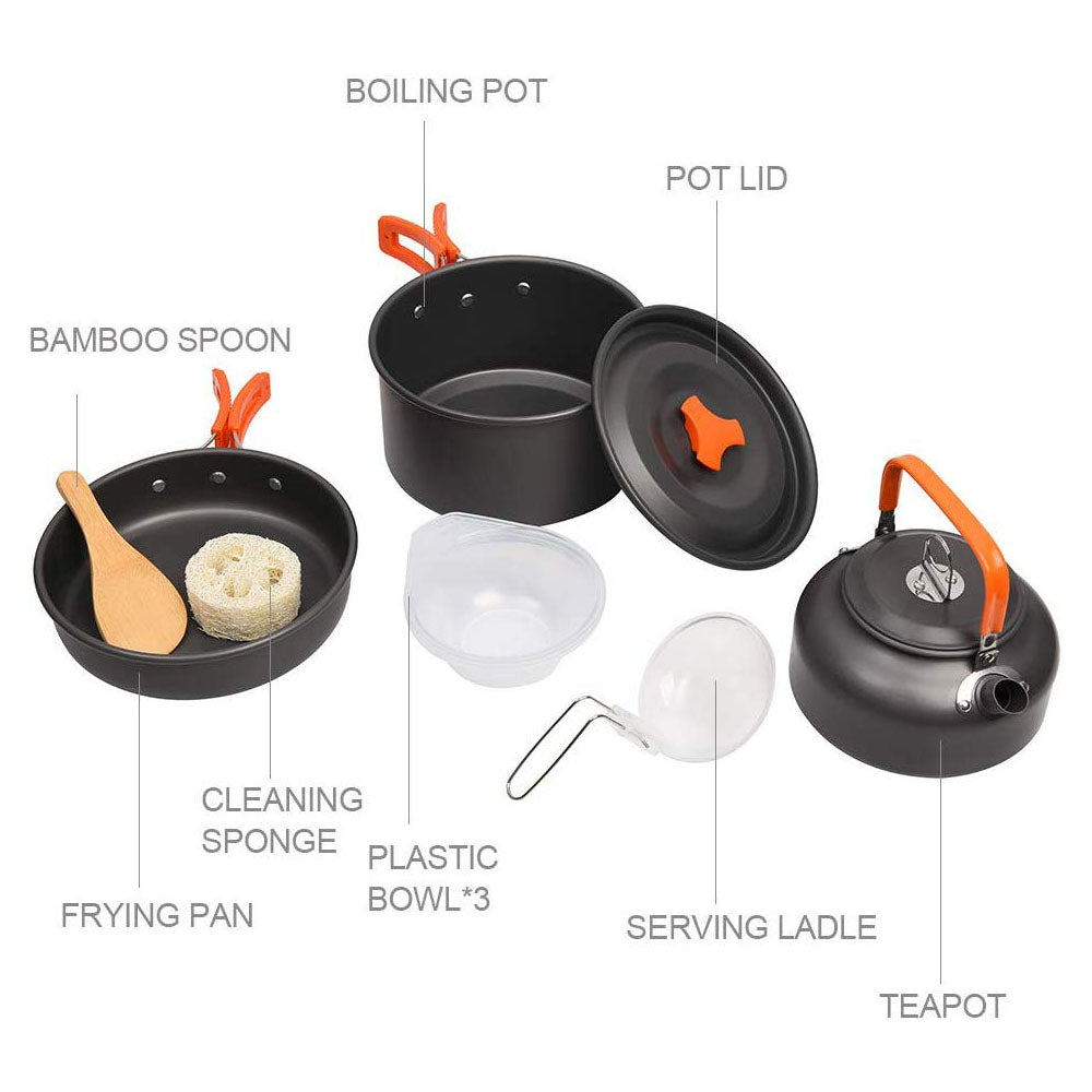 Outdoor Camping Cookware Set with Aluminum Cooking Utensils and Water Kettle - Ideal for Travelling, Hiking, Picnics, BBQs, and Outdoor Dining - Peak Performance Outfitters