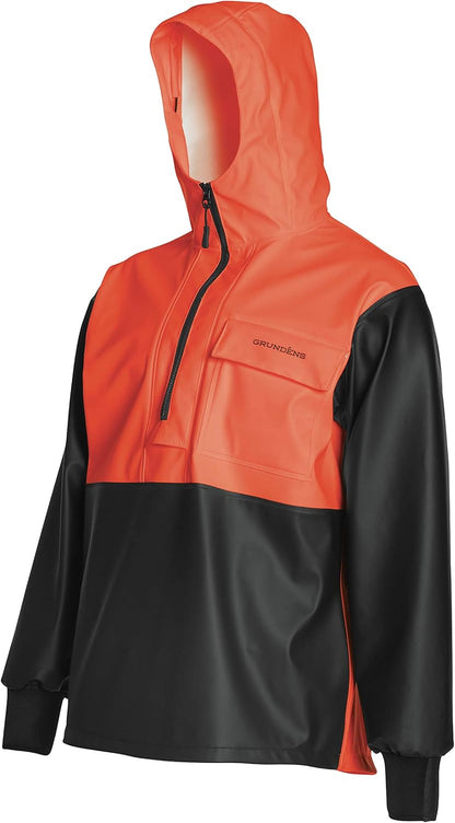 Grundens Neptune fishing anorak back view showing adjustable hood and 2.5-layer construction