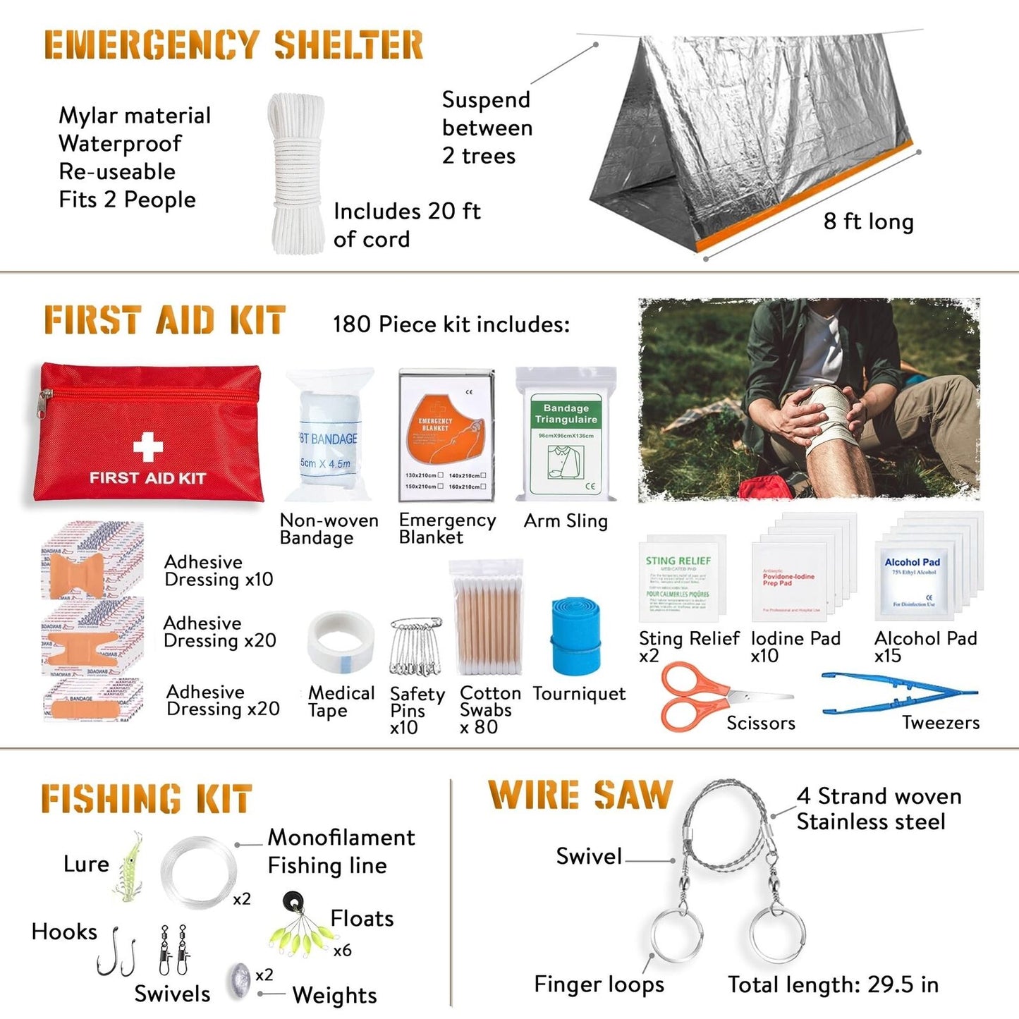 Emergency Preparedness Kit - 265 Pieces, First Aid Supplies, Bug Out Bag Essentials, Hiking Gear