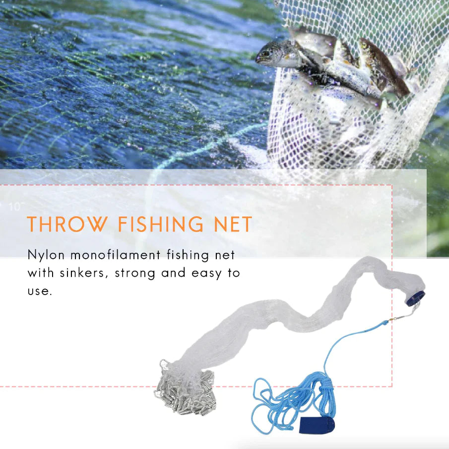 Premium Quality Fishing Cast Net with Strong Nylon Mesh - 6/8/10/12/16FT - Made in USA