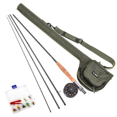 Fly fishing combo showing pre-spooled reel, rod sections, and included fly selection