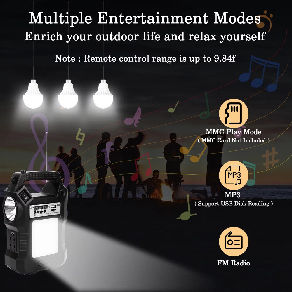 Portable Power Station Solar Generator with LED Display, MP3 Player, FM Radio, and 3 Camp Lamps for Camping, Outdoor, Family, RV, and Emergency Use - Peak Performance Outfitters