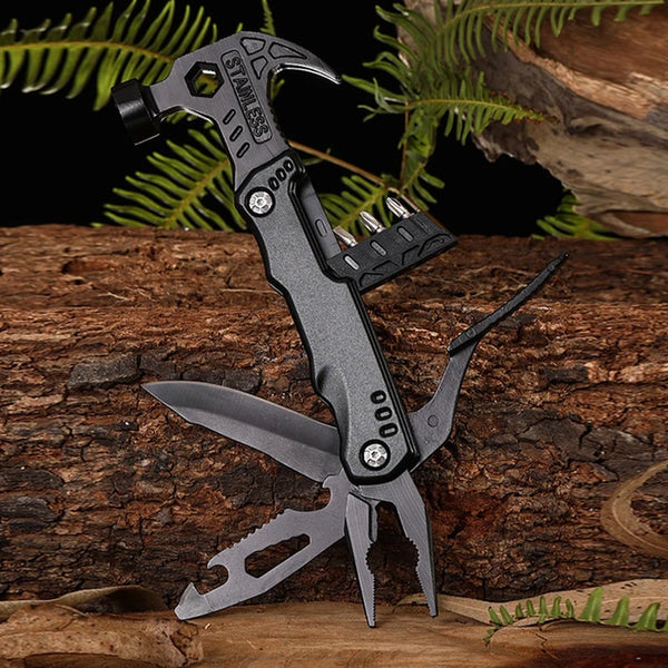 Multitool pliers with built-in claw hammer and nylon sheath for survival and camp