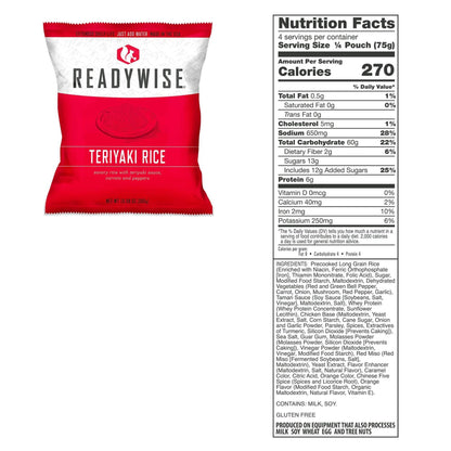 ReadyWise gluten-free emergency food bucket showing individual serving pouches inside