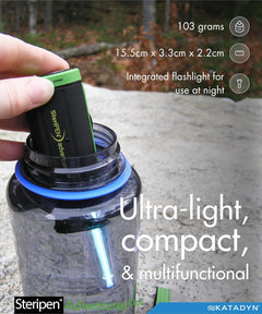 SteriPen Adventurer Opti UV personal water purifier in black and green, used for camping, backpacking, and emergency hydration.