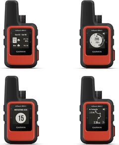 Garmin inReach Mini 2 satellite communicator in flame red with accessories, lightweight rugged GPS device for hiking and two-way messaging.