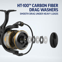 Penn Battle IV spinning fishing reel attached to a fishing rod, showcasing durable construction and smooth operation