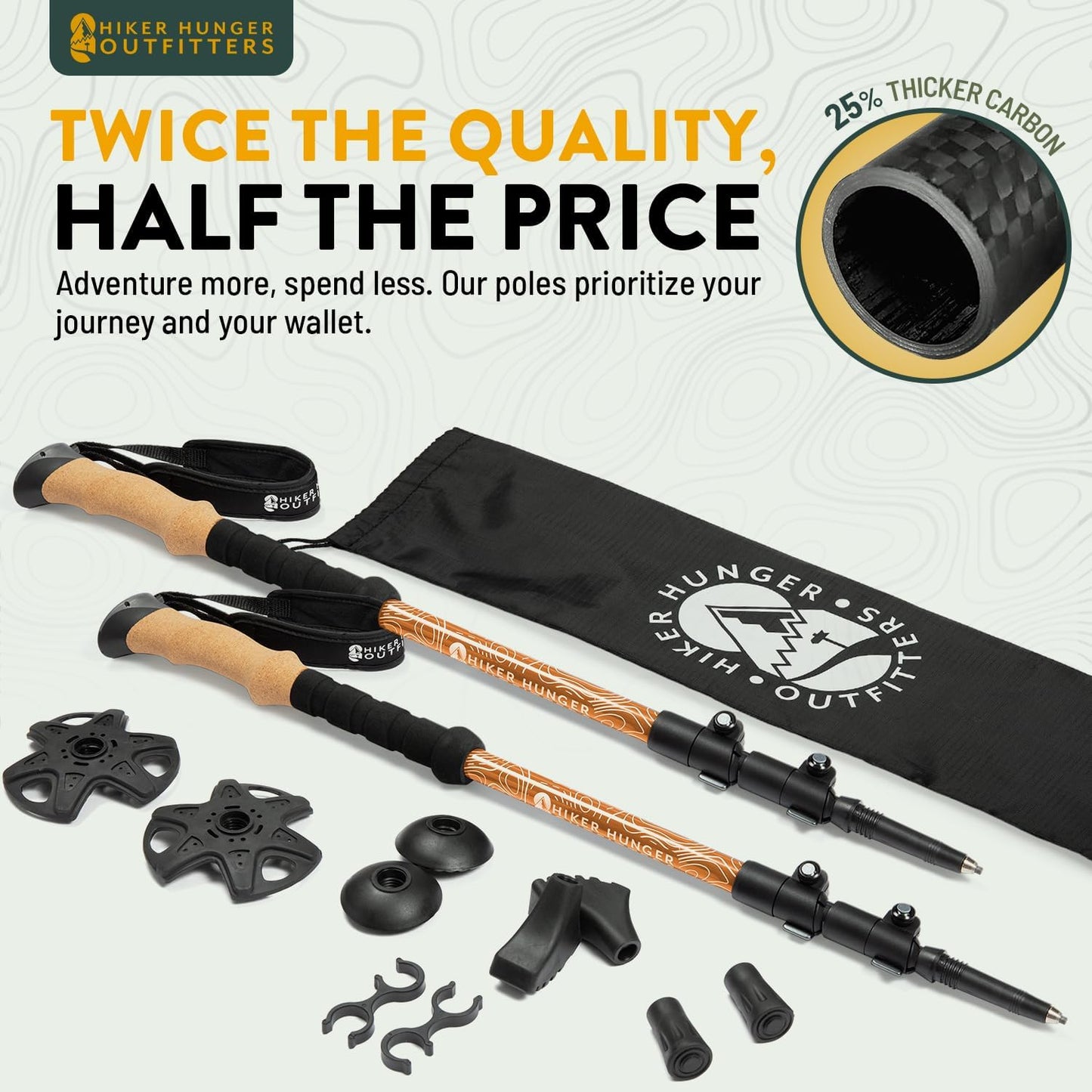 100% carbon fiber trekking poles collapsible pair with cork and EVA foam grips