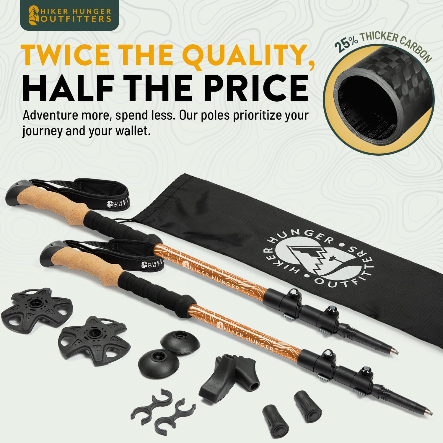 100% carbon fiber trekking poles collapsible pair with cork and EVA foam grips