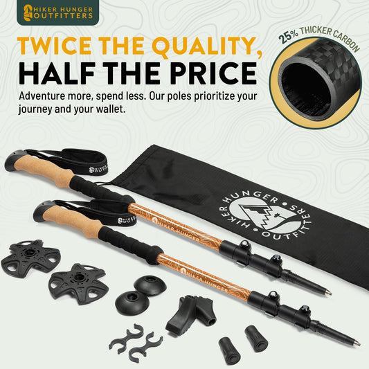 100% carbon fiber trekking poles collapsible pair with cork and EVA foam grips