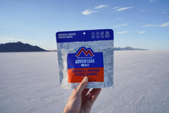 Mountain House Chicken and Mashed Potato Trail Food in a freeze-dried camping meal pouch, gluten-free survival and emergency food.