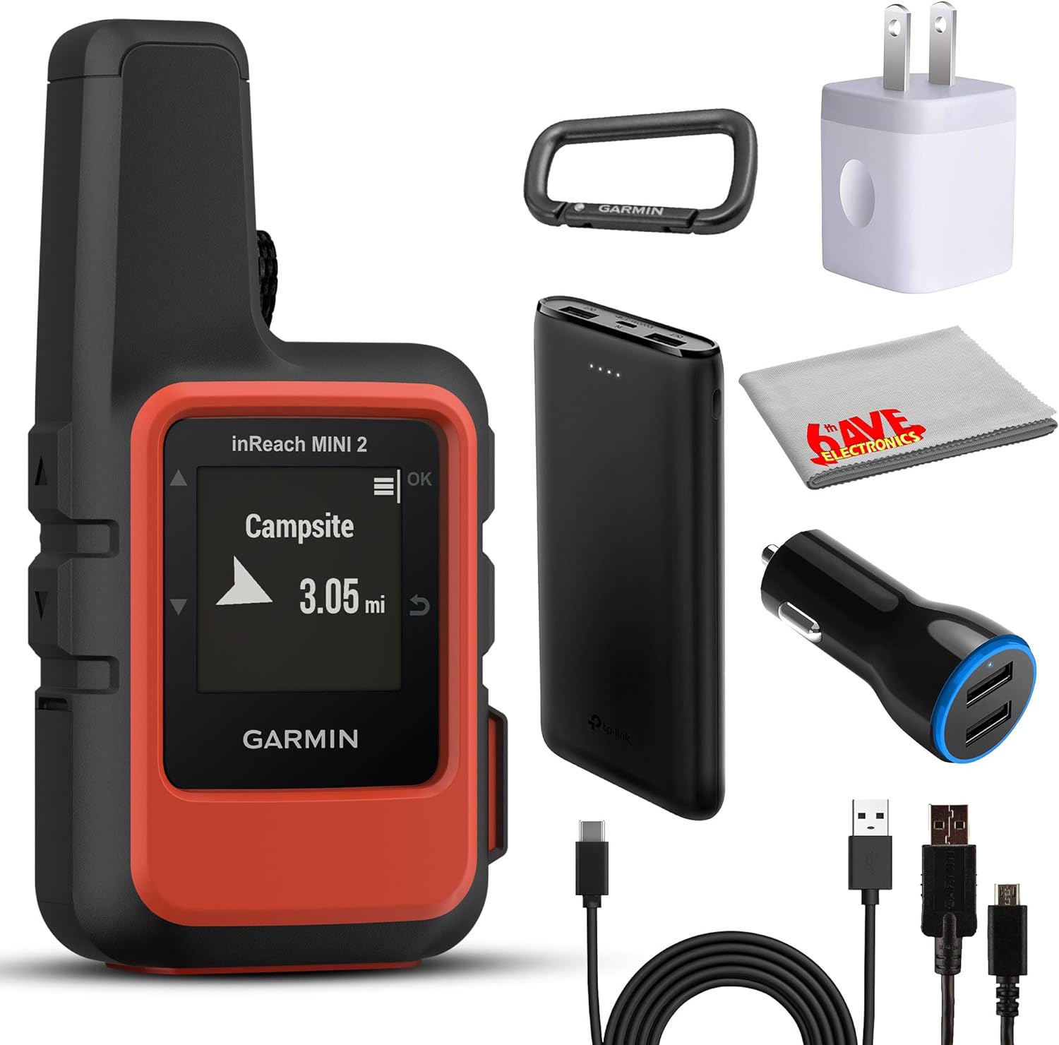 Garmin inReach Mini 2 satellite communicator in flame red, showcasing its compact rugged design with accessories and portable GPS features.