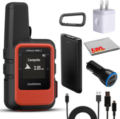 Garmin inReach Mini 2 satellite communicator in flame red, showcasing its compact rugged design with accessories and portable GPS features.