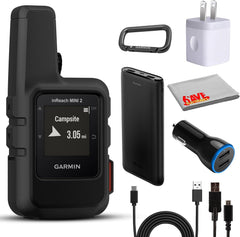 Garmin inReach Mini 2 satellite communicator in flame red, compact rugged GPS device for hiking with accessories included.