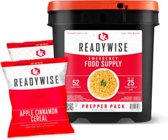 ReadyWise emergency food supply bucket with freeze-dried survival meals, compact and durable for emergency preparedness.
