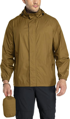 Lightweight men's 33,000Ft waterproof rain jacket with hood, packable raincoat ideal for hiking, golf, and cycling.