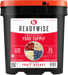 ReadyWise emergency food supply freeze-dried survival bucket with various meals in a sturdy container.