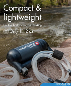 Katadyn Hiker Pro hand pump water filter for backpacking, camping, and emergency survival, showing the portable hydration device.