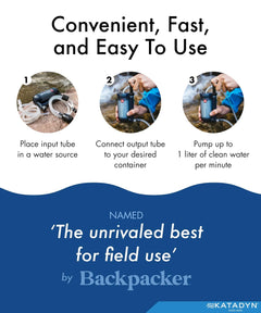 Katadyn Hiker Pro hand pump water filter for backpacking, camping, and emergency survival, with clear view of the filter unit