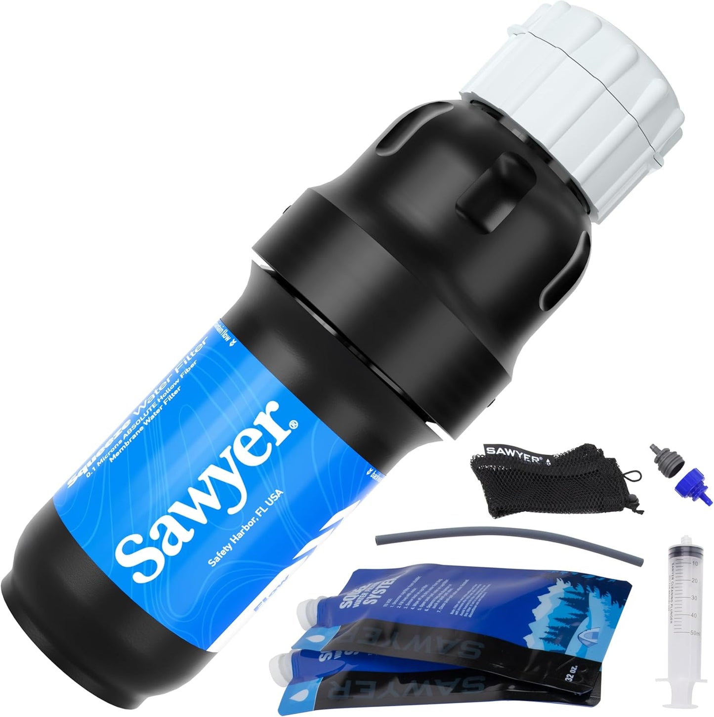 Sawyer Squeeze water filter system with two 32-oz squeeze pouches for backpacking