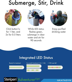 SteriPen Adventurer Opti UV personal water purifier for camping and travel, black and green handheld hydration device.