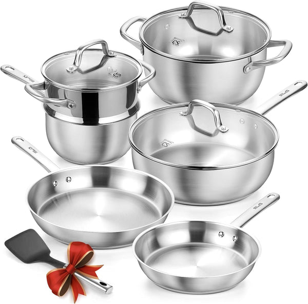 Primus Campfire stainless steel cookset nested with 3L pot, saucepan, and fry pan