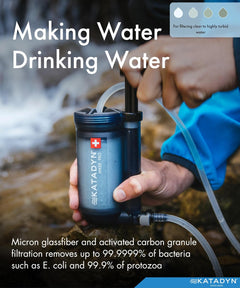 Katadyn Hiker Pro Hand Pump Water Filter for backpacking, camping, and emergency survival hydration gear with clear filter elements.
