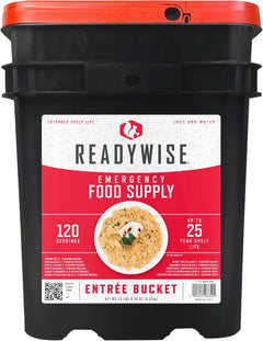 ReadyWise emergency food supply bucket with freeze-dried survival meals and supplies for emergency preparedness.