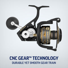 Penn Battle IV spinning fishing reel mounted on a fishing rod, showcasing durable construction and smooth operation for saltwater fishing.
