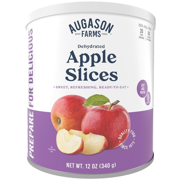 Dehydrated apple slices from Augason Farms emergency food supply, showing dried, sliced apples in a clear container.