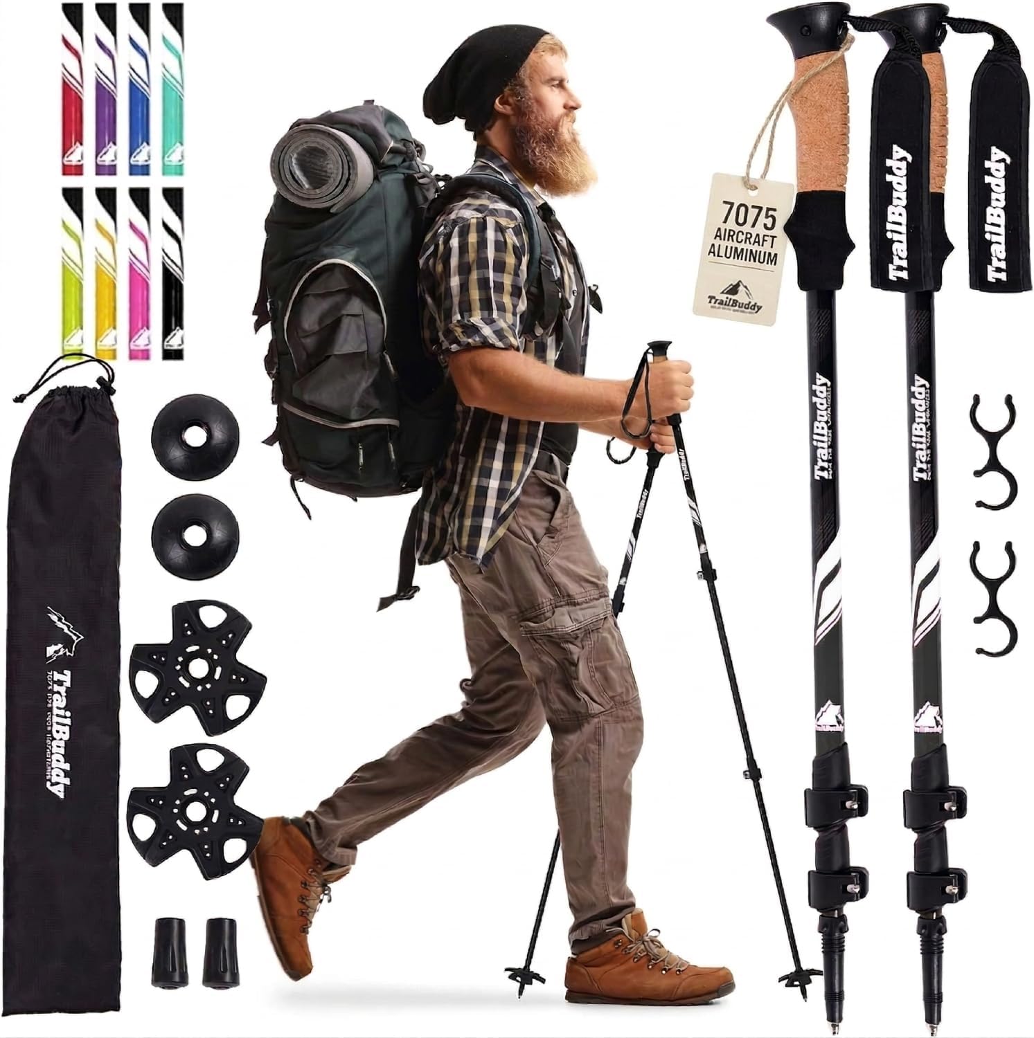 TrailBuddy 7075 aluminum trekking poles with cork grips extended on trail