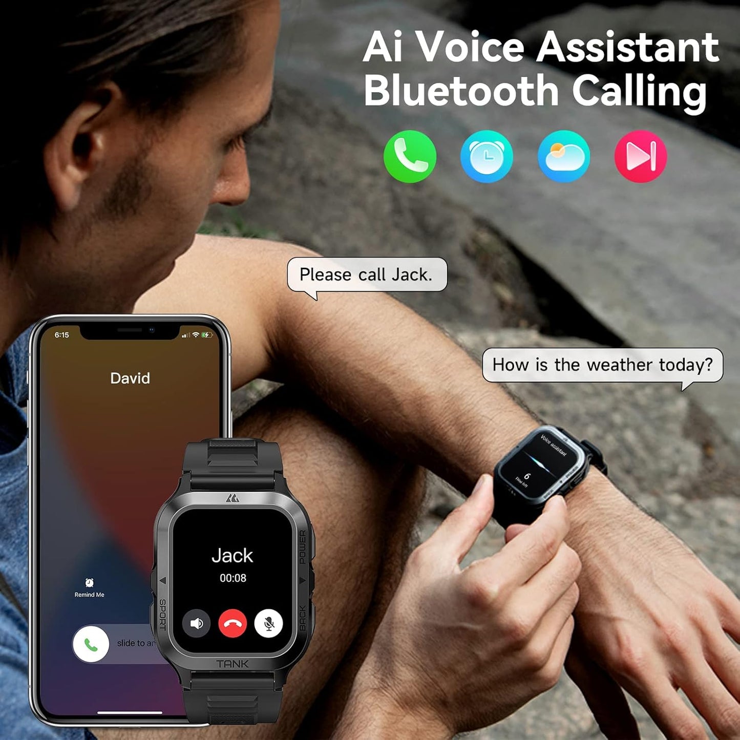 AMAZTIM smart watch showing compass and barometric altimeter for outdoor navigation
