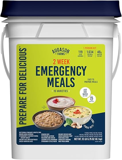 Augason Farms 2 Week Emergency Food Supply for 1 person, featuring packaged meals and food containers for emergency preparedness.
