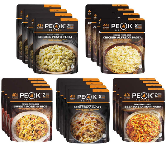 Peak Refuel Entrée Variety Pack - Freeze Dried Backpacking and Camping Survival Food - Lunch/Dinner Meal Pouches - Amazing Taste - High Protein - Real Meat - Quick Prep