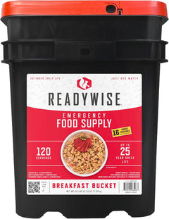 ReadyWise emergency food supply bucket with freeze-dried survival meals, packed in a durable container for emergency preparedness.