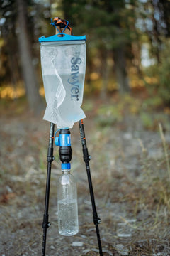 Sawyer Squeeze Water Filtration System for hydration, compact outdoor water filter with flexible bag and filter element