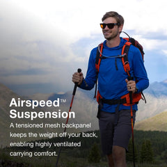 Osprey Manta 34L men's hiking backpack in black with Hydraulics reservoir and adjustable straps, designed for outdoor trekking.