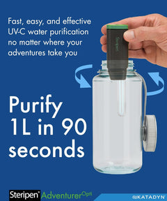 SteriPen Adventurer Opti UV personal water purifier for camping and travel, black and green hydration gear with compact design.