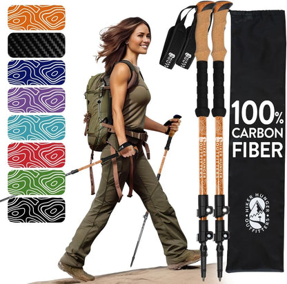 Carbon fiber hiking poles showing quick-flip lever locks and tungsten carbide tips