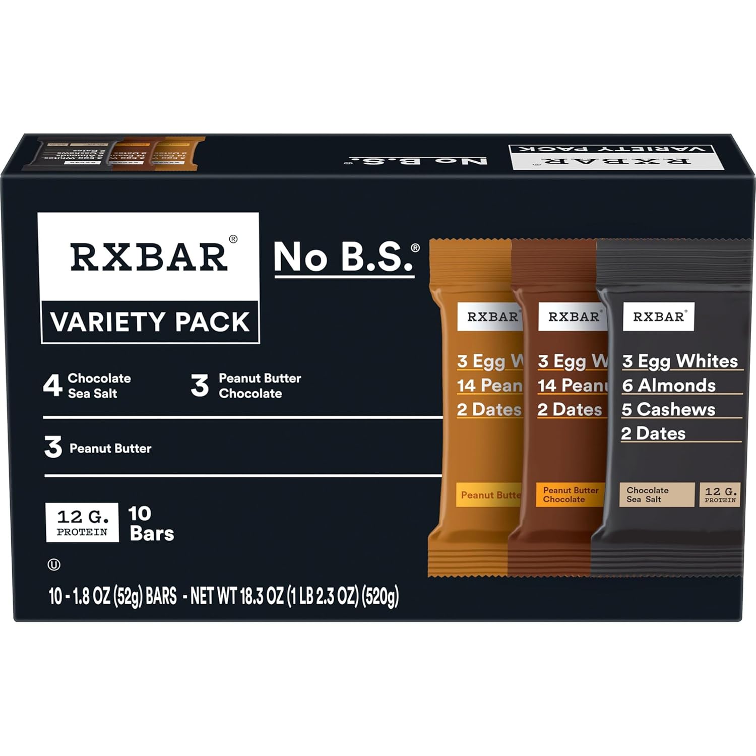 RXBAR whole food protein bars variety 10-pack with real egg white and date ingredients