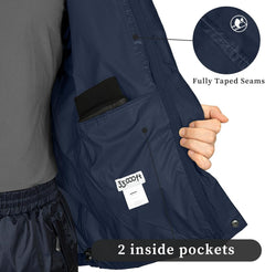 Men's 33,000ft lightweight waterproof rain jacket with hood, packable windbreaker suitable for hiking, golf, and cycling.