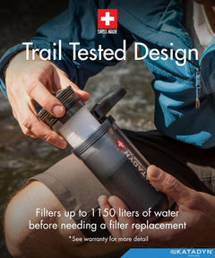 Katadyn Hiker Pro hand pump water filter for backpacking, camping, and emergency survival, shown in a compact, portable hydration gear device.