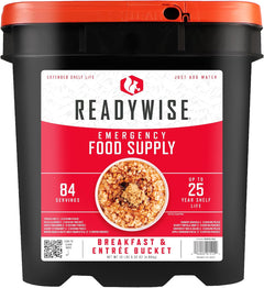 ReadyWise emergency food supply bucket with freeze-dried survival meals, featuring a variety of packaged emergency food options.