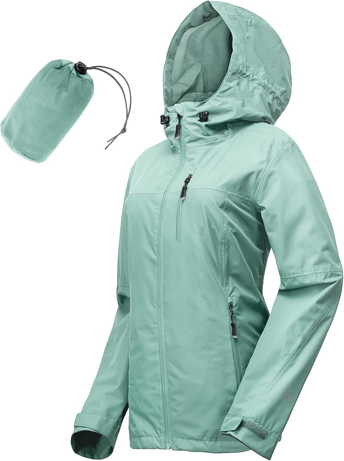 Marmot PreCip Eco rain jacket shown packed into its stuff pocket alongside full jacket