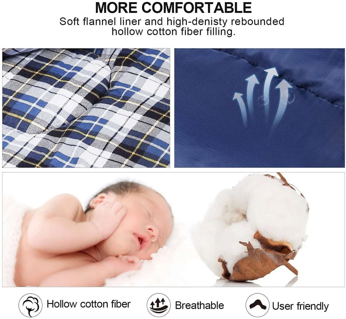 Cotton Flannel Sleeping Bag for Camping Backpacking,4 Season Adults Cold Weather Envelope Sleeping Bags with 2/3/4Lbs Filling
