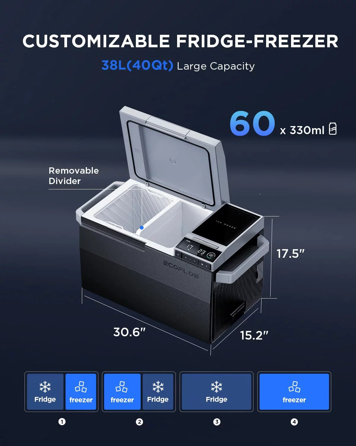 GLACIER Portable Car Refrigerator with Extra Battery, 40Qt(38L) Electric Cooler with Ice Maker, Dual Zone WIFI APP Control(-13℉~50℉), 12/24V DC/AC for Car, Camping, Travel, Fishing, Outdoor