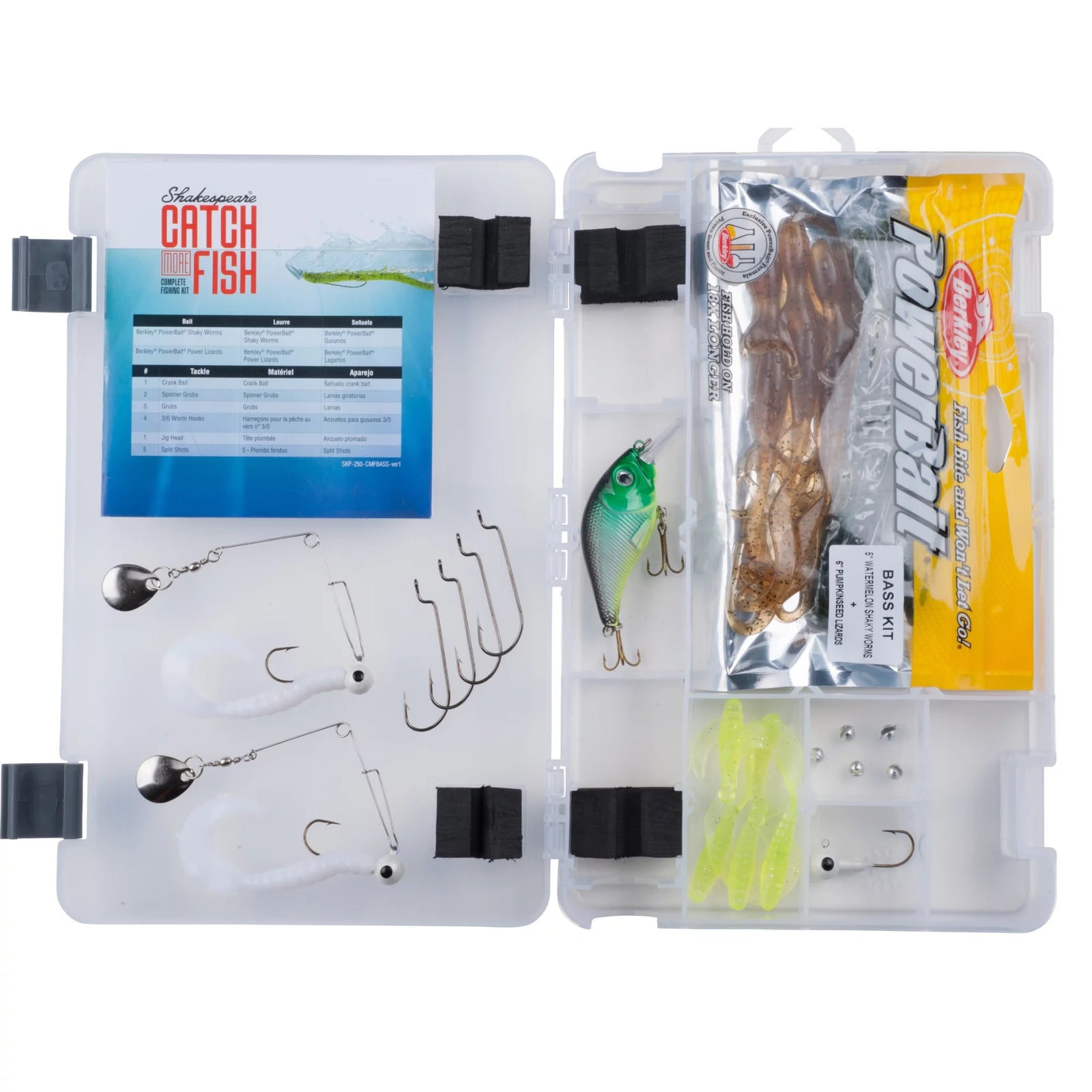 Bass fishing tackle box kit with lures and rigging supplies