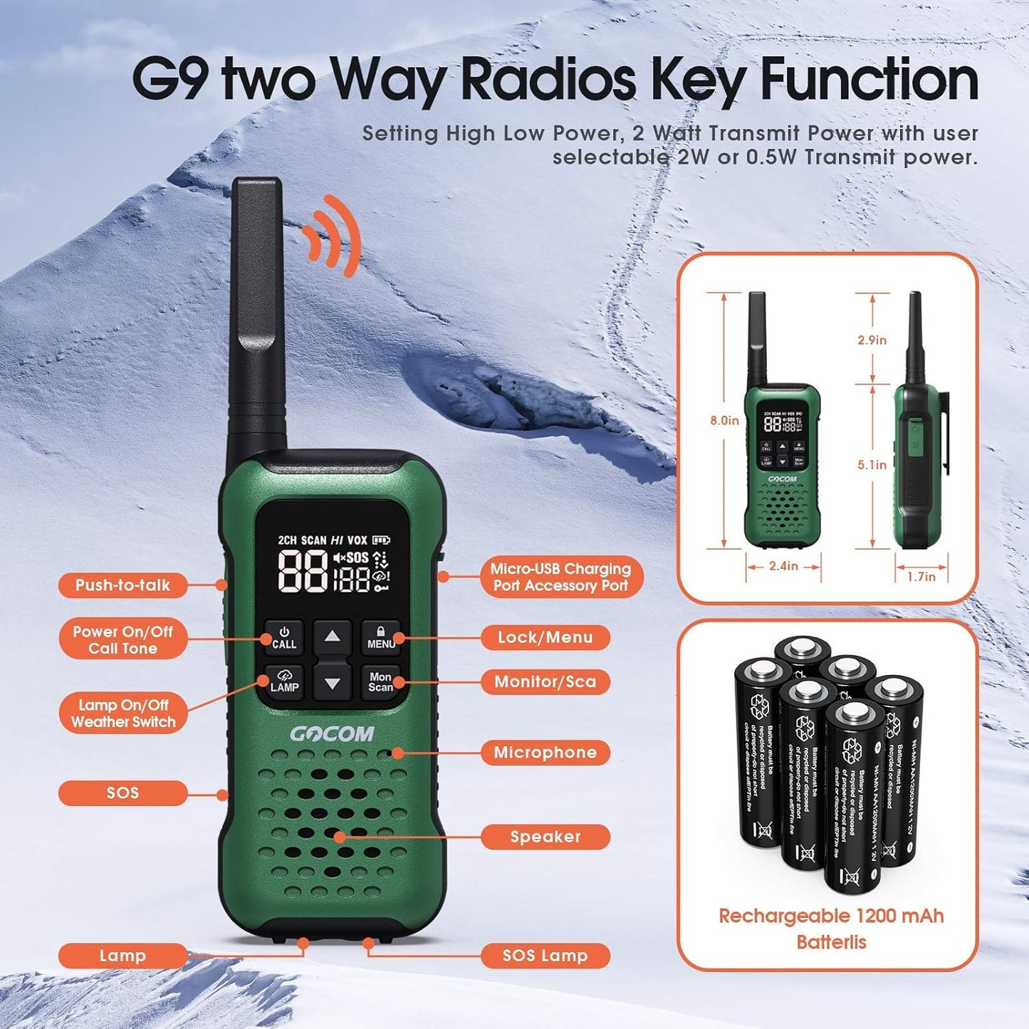 G9 IP67 Waterproof Two Way Radios with NOAA Weather Alert, SOS Emergency Lamp, Long Range, and Rechargeable Batteries - 6 Pack - Peak Performance Outfitters